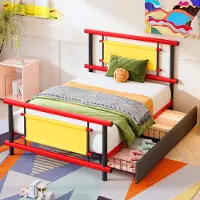 Merax Metallbett 90x200cm mit Schubladen, Kinderbett mit Stauraum, Plattformbett aus Metall, Jugendbett Einzelbett robust für Jungen und Mädchen, Rosa