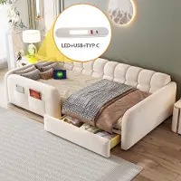Flieks Kinderbett 90x200cm mit USB- und USB-C-Ladeanschlüssen, Polsterbett mit Nachtlicht und Schublade, Bodenbett Einzelbett Samt, Beige