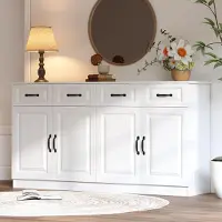 Merax Sideboard mit 4 Türen und 4 Schubladen, Kommode mit geriffeltes Design, Wohnzimmerschrank aus MDF mit Ablagefläche, Küche Flur, Weiß