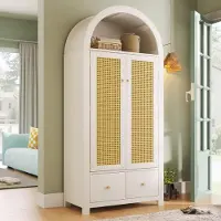 Merax Kleiderschrank mit Rattan und Bogenform, Schlafzimmerschrank mit 2 Türen und 2 Schubladen, Kleiderstange, Garderobenschrank Landhausstil,Weiß