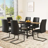 STILVORA Esstisch mit rechteckigem,Tisch-Set mit multifunktionalem Abstellregal und 6 schwarzen Sesseln, Esszimmertisch aus hochwertigem Kunstleder, für Wohnbereich, Esszimmer & Küche,Schwarz