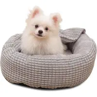 OEM Pluche hondenbed - Kalmerend donutknuffelbed voor kleine honden - Warm hondengrotbed met capuchon en fleece - Wasbaar en antislip