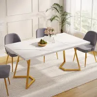 Tribesigns Moderner goldener Esstisch: 140cm, weißer Esstisch mit Metallbeinen, künstlicher Marmor, kleiner Esszimmer-Küchentisch für 6 Personen