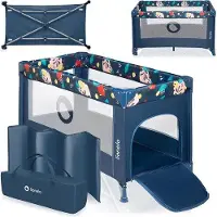 OEM Kleinkind-Reisebett von der Geburt bis 15 kg, einschwingendes Babybett, Seitenerschließung, Sicherheitsprogramm LockGuard, Radverschluss, Tragebeutel, Klapptisch.
