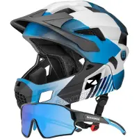 RockBros Set Kinder Fahrradbrille polarisiert UV400 Schwarz blau mit Fullface Fahrradhelm 2in1 abnehmbarer Kinnschutz Blau schwarz weiß S 48-54 cm