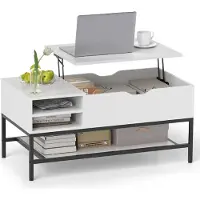 GIANTEX Couchtisch mit hochfahrbarer Platte, Cocktailtisch mit Hubplatte, verstecktem Staufach & offener Ablage, moderner Stubentisch aus Holz für Wohnzimmer