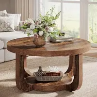 Tribesigns Runder Couchtisch, 2-stufiger runder Couchtisch mit Stauraum, 80 cm moderner Akzenttisch Holz, Dicke Tischplatte und Basis,rustikales Braun
