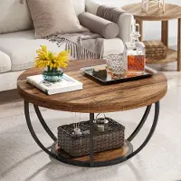 Tribesigns Runde Couchtisch, Industrial 2-Tier-Kreis Couchtisch mit Lagerung Regale, Moderne hölzerne Akzent Mitte Tisch Sofa Beistelltisch, Braun