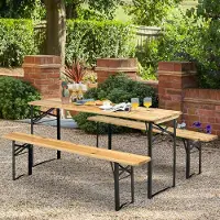 GIANTEX Campingtisch und Baenke, faltbar, Picknicktisch aus Holz mit Rahmen und Beinen aus robustem Eisen, geeignet für Terrasse, Grill und Gartenparty, Belastung 300 kg