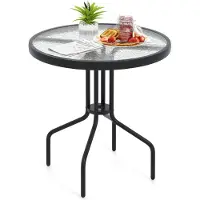GIANTEX Terrassentisch mit 70 cm Durchmesser, runder Bistrotisch mit Tischplatte aus gehärtetem Glas, 4 cm Schirmloch & stabilen Metallbeinen, Akzent-Esstisch