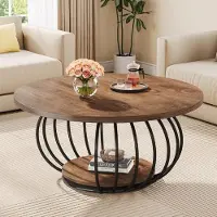 Tribesigns Runder Couchtisch, 100 cm industrieller Couchtisch aus Holz mit zwei Ebenen, mit Ablagefläche und Metallrahmen, rustikales Braun Schwarz