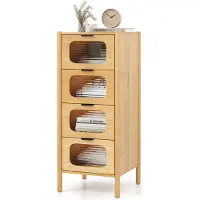 GIANTEX 97 cm hohe Kommode mit 4 Schubladen, Bambusschrank mit geriffelten Schubladentüren aus gehärtetem Glas & Kippschutz, Natur
