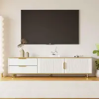 Aiorber Moderner TV-Schrank mit Schnitzmustern und Marmorstruktur, Goldene Füße & Griffe, 175x40x45 cm, Weiß und Gold