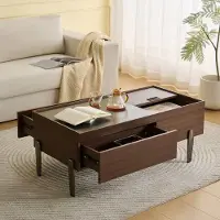 Aiorber Moderner Couchtisch mit Schubladen & Glasplatte – Dunkelbraunes Holzdesign, Holzmaserung in Marmoptik, Metallbeine & viel Stauraum für Wohnzimmer