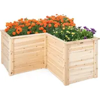GIANTEX Hochbeet Holz, Blumenbeet ohne Bodenplatte, Pflanzkasten mit mit Stützstangen, Anzuchtbeet L-foermig, Pflanzenbeet für Gemüse & Obst & Kraeuter, 120 × 120 × 63 cm, Natur