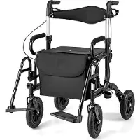 GIANTEX 2-in-1 Rollator, faltbarer Rollator mit Höhenverstellung, wendbarer Rückenlehne, All-Terrain Reifen, Aluminium Gehhilfe für Senioren mit Behinderung