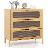 GIANTEX Kommode aus Bambus mit 3 Schubladen, Schubladenschrank mit geriffelter Front aus gehärtetem Glas, für Zuhause mit Kippschutz, Natur