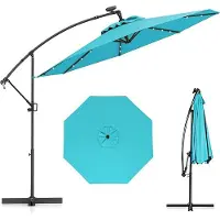 GIANTEX 300cm Patio Solar-LED-Offset-Sonnenschirm, Outdoor Ampelschirm mit 32 Leuchtperlen, Kurbel für Neigungsverstellung, 360°-Rotation, Kreuzfuß, Türkis