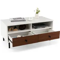 GIANTEX Couchtisch mit 2 Schubladen und offenen Regalen, Couchtisch mit 2 Ebenen mit breiter Tischplatte und 5 Metallbeinen, rechteckiger Tisch, Weiß + Kaffee