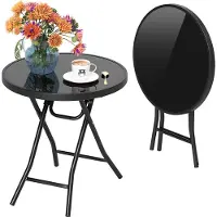 GIANTEX Runder Klapptisch mit 46 cm Durchmesser, Terrassentisch mit Tischplatte aus gehärtetem Glas & Metallrahmen, kleiner Beistelltisch für Garten, Schwarz
