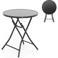 GIANTEX Klapptisch, runder Terrassentisch aus gehärtetem Glas mit Metallrahmen, keine Montage erforderlich, platzsparender Beistelltisch für Garten, Schwarz