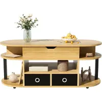 Aiorber Moderner Couchtisch mit Liftfunktion, höhenverstellbarer Wohnzimmertisch, viel Stauraum, schwarze Stoffschubladen Holzfarbe + Schwarz