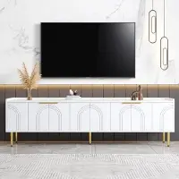 Aiorber Modernes TV-Lowboard 170 cm mit strukturierter Tür, goldenem Griff- und Fußdesign, flexiblem Stauraum & Kabelmanagement – Weiß