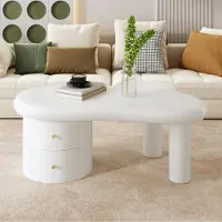 Aiorber Moderner Weißer Couchtisch mit Unregelmäßiger Form, 2 Schubladen, Platzsparend und Stabil, 97×64×42cm