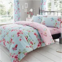 Merkloos Bettbezug-Set, Größe Double, 200 x 200 cm, mit zwei Kopfkissenbezügen, Blumenmuster in Blau