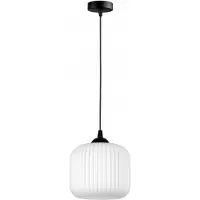 FKL DESIGN Home Deco Pendelleuchte 1-flammig, Hängelampe mit 1 weiß gerippt Lampenschirm, Schwarz, für Esstisch, Küche und Wohnzimmer N898-Z1