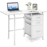 Costway Klappbarer Computertisch mit 3 Schubladen und Rollen, Schreibtisch mit Metallrahmen, platzsparender Bürotisch, Klappschreibtisch für kleine Räume, 105 x 50 x 75 cm (Weiß)