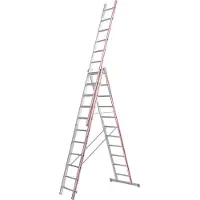 Hymer Allzweckleiter, dreiteilig, 3x11 Sprossen, senkr. Höhe 5,11 m, Reichhöhe 5,91 / 8,46 m, Gewicht 21,8 kg