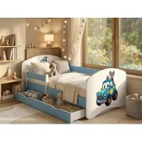 Happy Babies Kinderbett - mit Rausfallschutz Junge 140x70 Bett für Kinderzimmer mit Schublade & Matratze Einzelbett für Kinder Weiß/Blau, Der Hund und die Polizei | Hundethema (Nr 1)