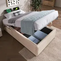 Youjia Polsterbett Einzelbett 90×200 cm, Struraumbett Bettgestell mit USB- C und Vollflächiger Lattenrost, Ohne Kopfteil, Leinen, Natürlich