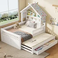 STILVORA Holzplattformbett 140x200 mit einer Matratze Bettgestell mit Ausziehbett, Kinderbett mit 3 Schubladen und Sicherheitsgittern, Hausbett mit Stauraum, Weiß