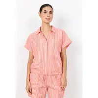 Soyaconcept Kurzarmbluse "SC-FELICE 2", Damen, Gr. S, rosa (bittersweet combi), Web, Obermaterial: 100% Baumwolle, gestreift, normal, V-Ausschnitt, Blusen Kurzarmbluse, Baumwolle