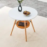Ninkear Runder Esstisch Ø80cm, MDF, Massivholzbeine, geflochtene Ablage (White,Wood)