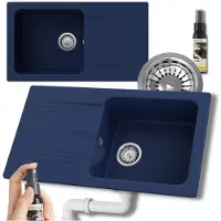 Granitan - Granitspüle - Küchenspüle - 78x44 cm - Blau - mit Siphon und Abtropfgestell - ADA