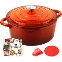 Unyqoos Overmont Emaillierter Gusseisen-Bräter Ø 26 cm mit Deckel, Orange – Schmoren, Braten & Backen, inkl. Kochbuch & Silikonzubehör