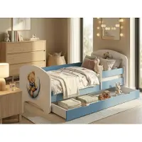 Happy Babies Blaues Kinderbett 140x70 komplett mit Rausfallschutz, Matratze und Bettschublade | Sicheres Kleinkinderbett mit Stauraum