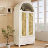 Ulife Kleiderschrank, 78 x 45 x 181 cm, Weiß, mit Rattandekor, 2 Türen, 2 Schubladen, Kleiderstange, Ablage und Kippschutz