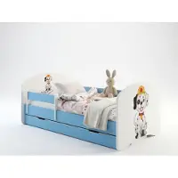 Happy Babies Blaues Kinderbett 140x70 komplett mit Rausfallschutz, Matratze und Bettschublade | Sicheres Kleinkinderbett mit Stauraum Hund / Feuerwehrmann