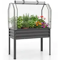 Costway 3 in 1 Hochbeet mit PE-Abdeckung&rollbarer Tür, erhöhtes Gartenbeet aus verzinktem Metall, Gewächshaus, Pflanzbeet 112x55x152 cm Grau