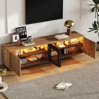 STILVORA TV-Schrank mit zwei Schränken und LED-Lichtleiste, Lowboard Wohnzimmerschrank für Fernseher bis zu 75 Zoll, Naturholzfarbe + Schwarz