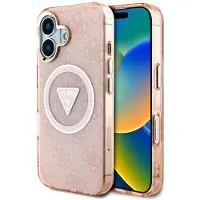 GUESS Etui IML Metal Glitter 4G Circle Triangle MagSafe do iPhone 16 róowy