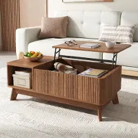 Merax Couchtisch mit Hubfunktion mit Wellenoptik, Wohnzimmertisch aus MDF mit Stauraum und offenem Fach, Lift-Couchtisch Beistelltisch, Nussbaum