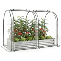 Costway 3 in 1 Hochbeet Metall mit Gewächshaus, PVC-Abdeckung&2 Fenstern, Foliengewächshaus, Frühbeet für Kräuter, Blumenbeet, 180x100x145 cm Silber