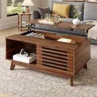 Merax höhenverstellbare Couchtisch mit Jalousietür verschiebbar, Wohnzimmertisch aus MDF, multifunktional Sofatisch mit Stauraum, Nussbaum