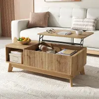 Merax Couchtisch mit Hubfunktion mit Wellenoptik, Wohnzimmertisch aus MDF mit Stauraum und offenem Fach, Lift-Couchtisch Beistelltisch, Natur