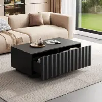 Merax Couchtisch mit Wellenmuster, Wohnzimmertisch mit 2 Schubladen, moderner Sofatisch mit Stauraum, minimalistischer Couchtisch aus MDF, Schwarz